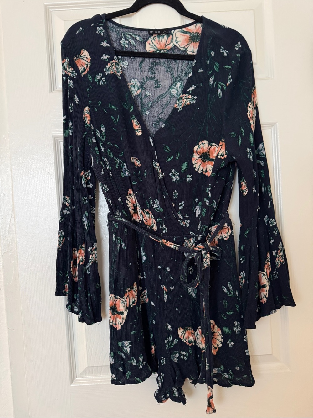 COTTON ON Floral Wrap Romper in Navy with Peach Blooms